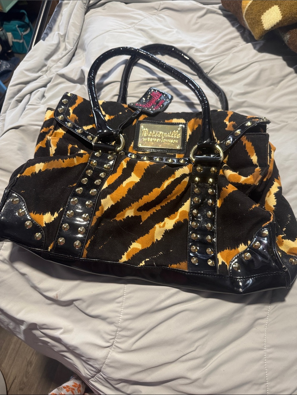 Beverly Hills Polo Club Black & Orange Tiger Stripe Studded Tote